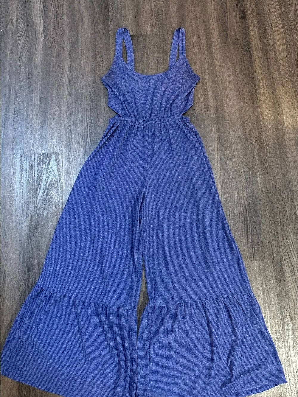 Anthro Style Blue Purple Textured Wide Leg Romper Boho Cutout Jumpsuit Size M